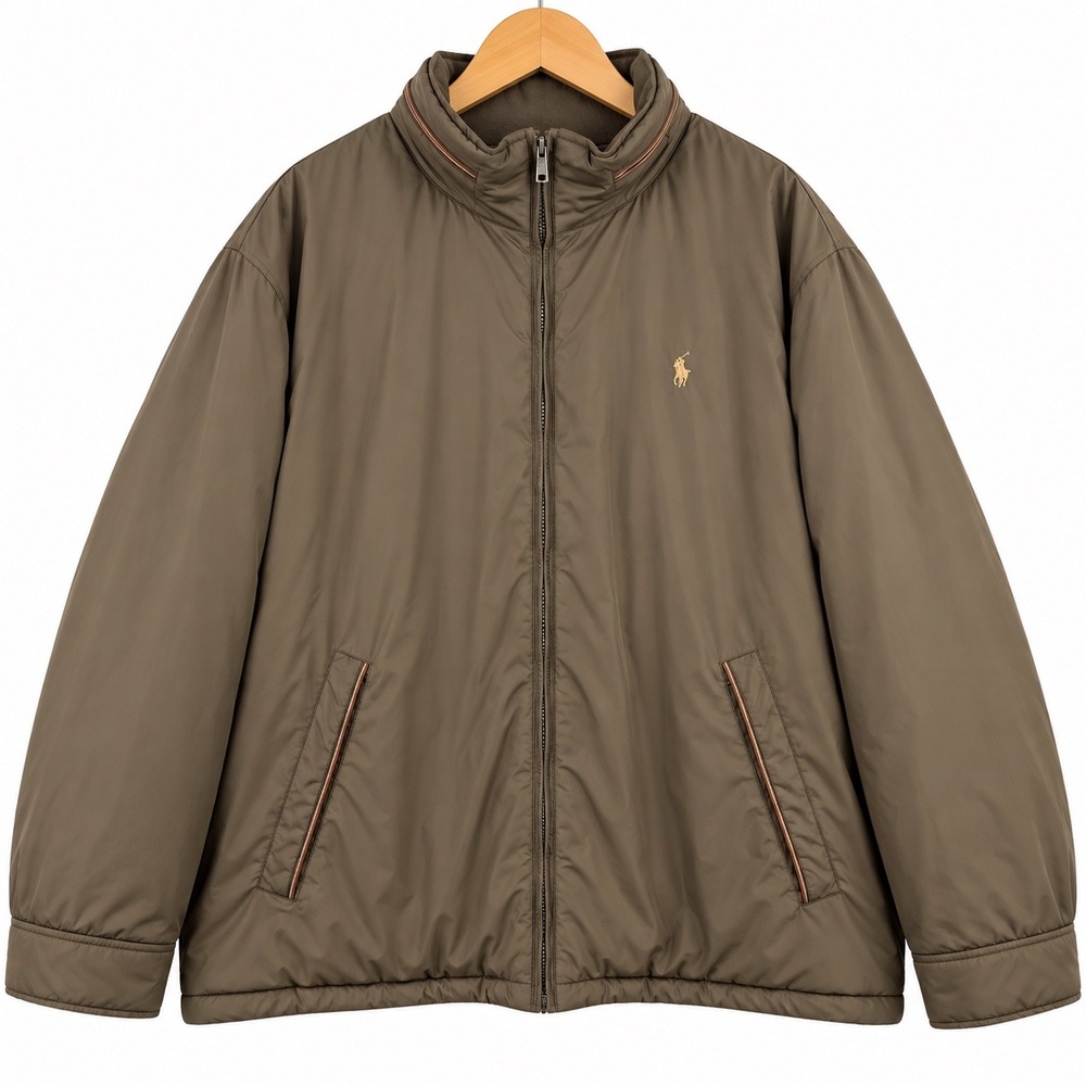 Polo Ralph Lauren Mens 3XB Big Olive Brown Full Zip Hooded Jacket Leather Trim